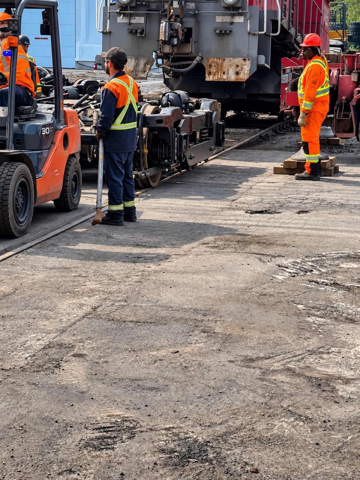Ouvriers spécialisés autour des bogies d’une locomotive