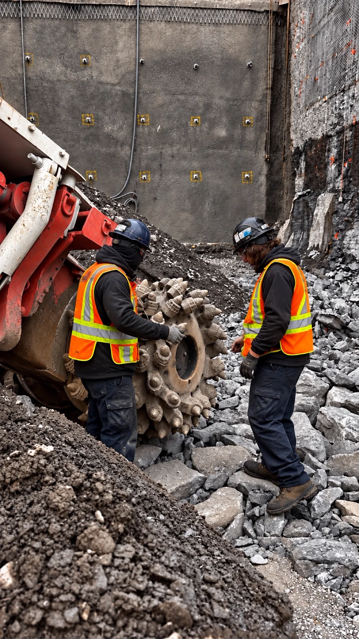 Deux mécaniciens en équipement de protection autour du tambour de coupe d’une haveuse, dans une excavation souterraine
